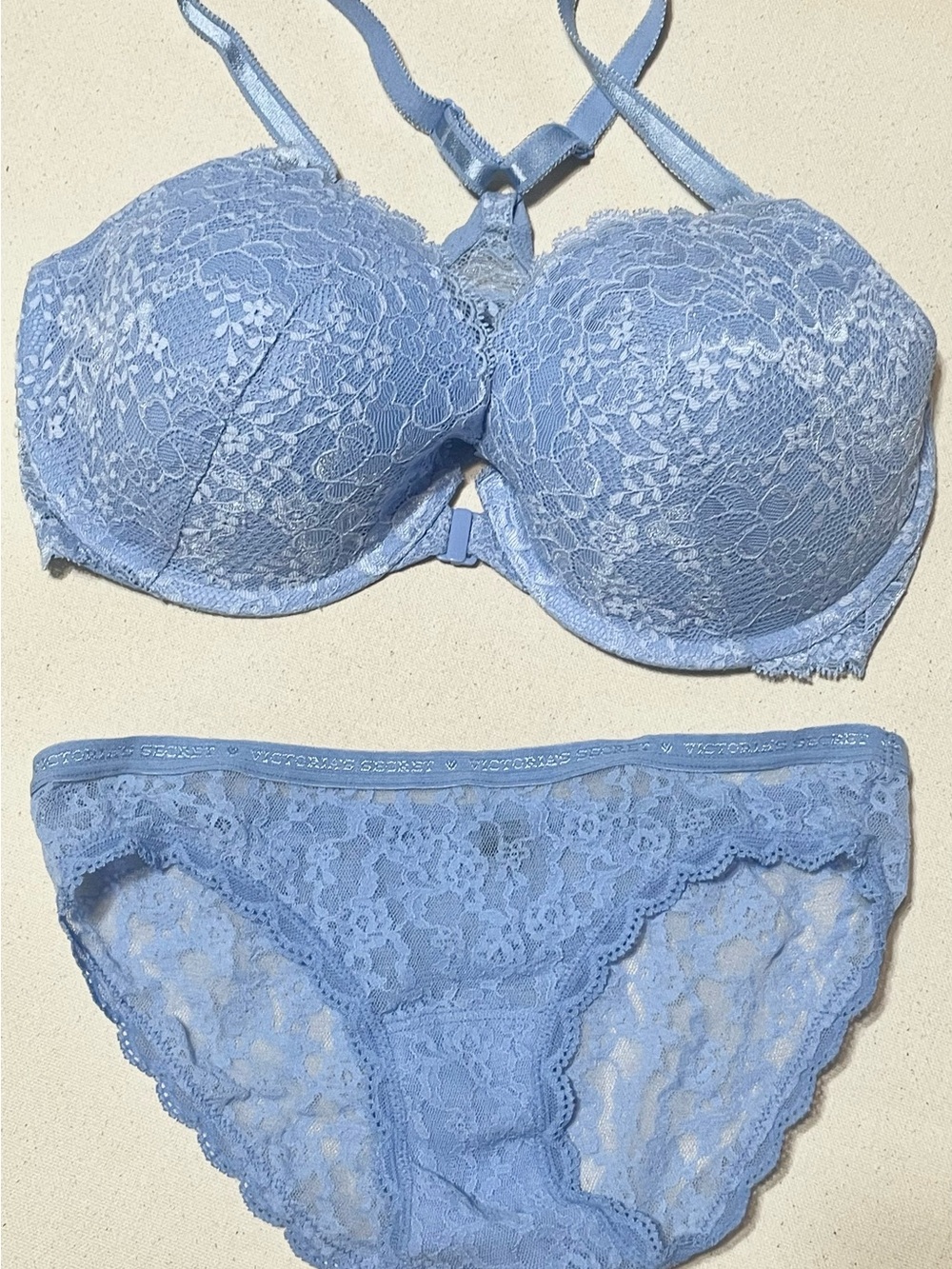 Victoria's Secret Dream Angels Demi Bra Size 34DD Blue Front Close Racerback